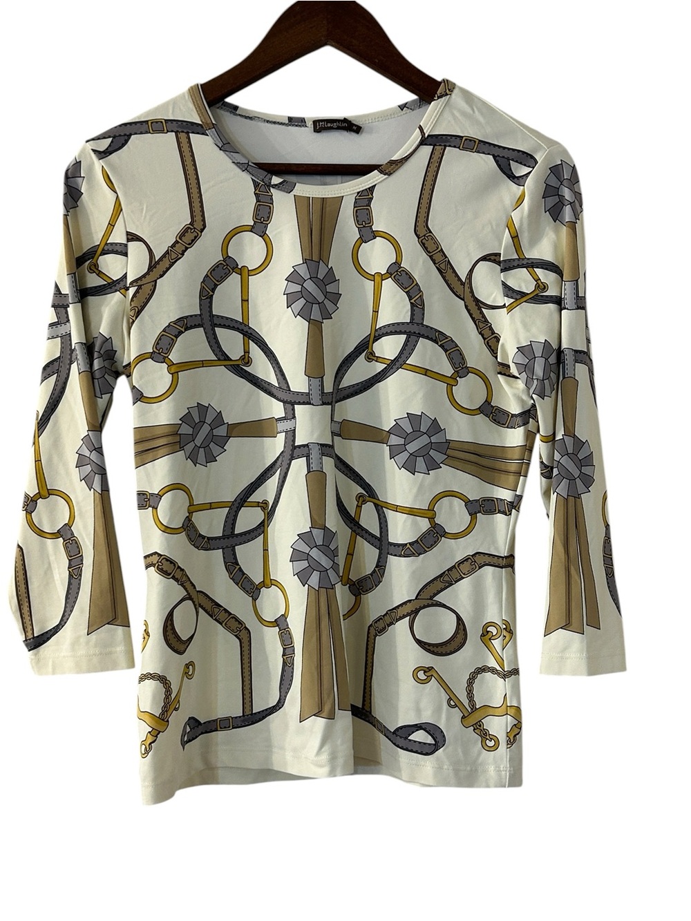 J. McLaughlin Women’s Medium Equestrian Horse Bit Print 3/4 Sleeve Stretch Top